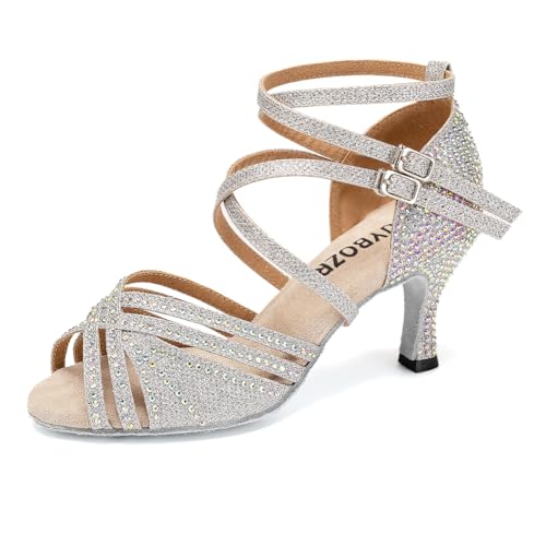 RUYBOZRY Tanzschuhe Damen Latein Bachata Salsa Strass Professionelle Satin Tanzschuhe Damen mit 7,5 cm Absatz Wildledersohle Silber,EU 41 von RUYBOZRY