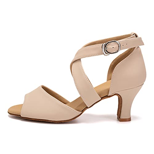 RUYBOZRY Tanzschuhe Damen Latein Leder Offene Zehen Wildledersohle Salsa Bachata Ballsaal Satin Tanz Sandalen,FT095-Wildleder Sohle-6.5,Beige,EU 40 von RUYBOZRY