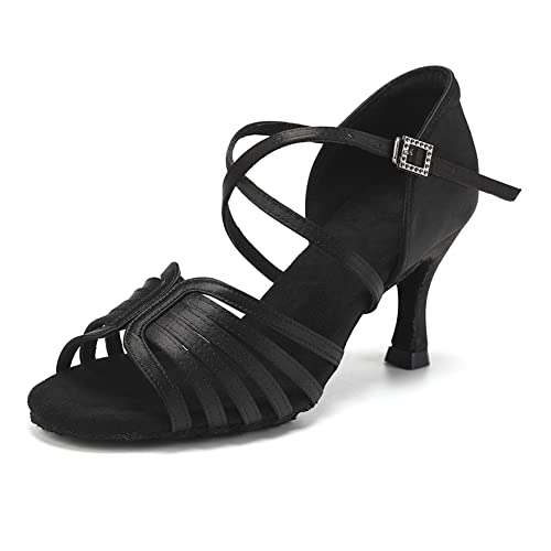 RUYBOZRY Tanzschuhe Damen Latein und Standard Ballsaal Satin Tanz Sandalen Wildledersohle Tanzschuhe Salsa Bachata,EM911-Schwarz-7.5cm,EU 35 von RUYBOZRY