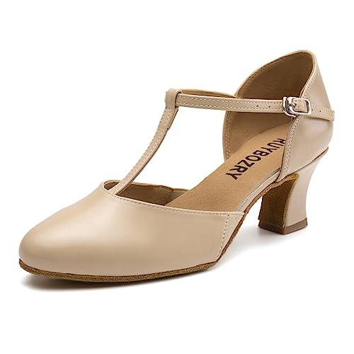 RUYBOZRY Tanzschuhe Damen Standard und Latein Geschlossen Bachata Tango Tanzschuhe Salsa Ballsaal Tanz Sandalen,Beige EU 38 von RUYBOZRY