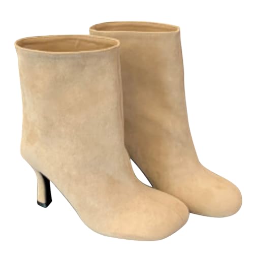 RUYI Damen Stiefeletten Schlupfstiefel Wildleder Damenstiefel | Breite Wade, Stiletto-Absatz, Quadratische Zehenpartie | Modische Hohe Stiefel Winterstiefel Herbststiefel von RUYI
