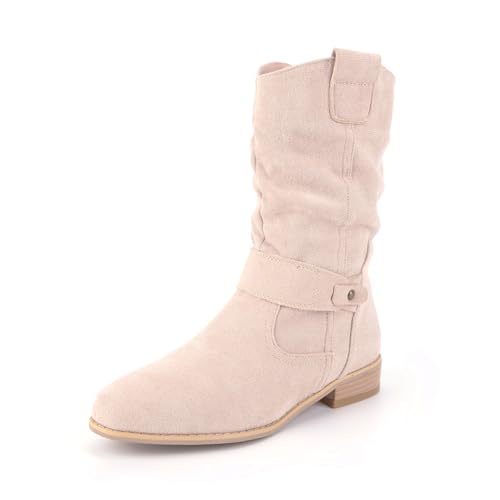 RUYI Stiefeletten Damen Elegant Wildleder Winterschuhe Flacher Halbstiefel Spitz Stiefelette Ankle Boots Schlupfschuhe Blockabsatz Winterstiefel Westernstiefel Damenstiefel von RUYI