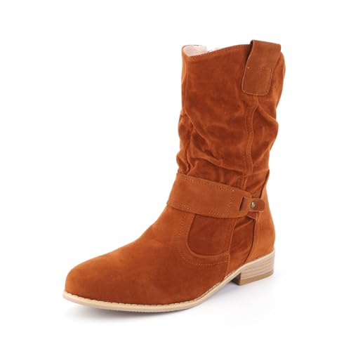 RUYI Stiefeletten Damen Elegant Wildleder Winterschuhe Flacher Halbstiefel Spitz Stiefelette Ankle Boots Schlupfschuhe Blockabsatz Winterstiefel Westernstiefel Damenstiefel von RUYI