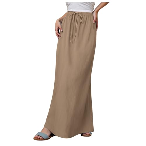 Damen Leinen-Baumwolle Rock, Langer Wickelrock mit Zugband-Taille & Seitentaschen, lässig & bequem (Khaki, XXL) von RUYUUEQ