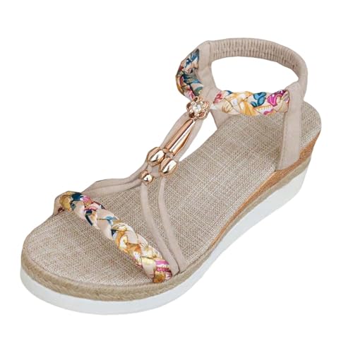 RUYUUEQ Damen Sommer Sandalen mit Strass Perlen Frauen Bohemian Sandals Freizeit Strand Sandalette Plattform Flip Flops von RUYUUEQ