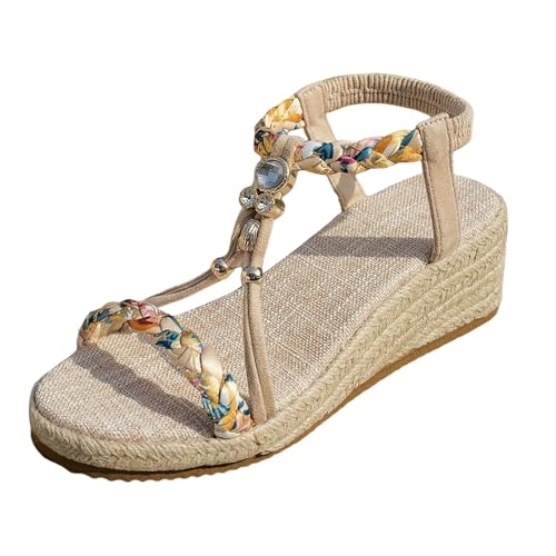 RUYUUEQ Damen Sommer Sandalen mit Strass Perlen Frauen Bohemian Sandals Freizeit Strand Sandalette Plattform Flip Flops von RUYUUEQ