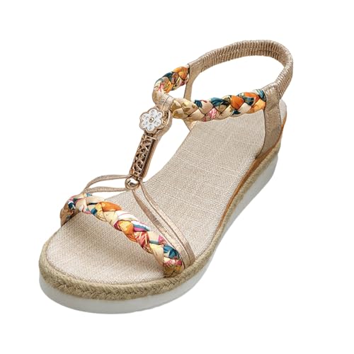 RUYUUEQ Damen Sommer Sandalen mit Strass Perlen Frauen Bohemian Sandals Freizeit Strand Sandalette Plattform Flip Flops von RUYUUEQ