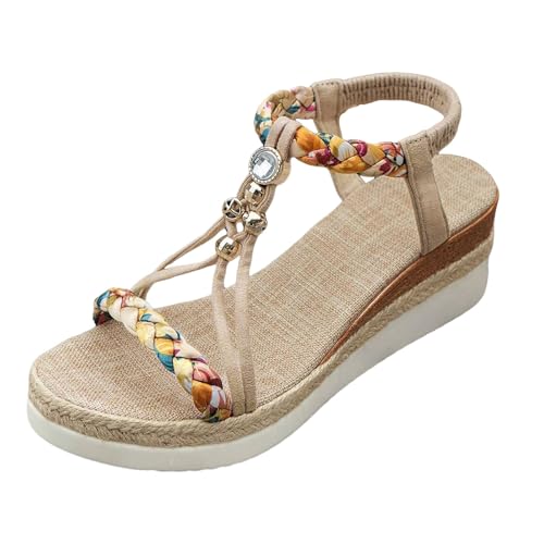 RUYUUEQ Damen Sommer Sandalen mit Strass Perlen Frauen Bohemian Sandals Freizeit Strand Sandalette Plattform Flip Flops von RUYUUEQ