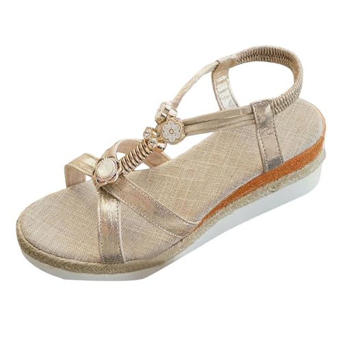 RUYUUEQ Damen Sommer Sandalen mit Strass Perlen Frauen Bohemian Sandals Freizeit Strand Sandalette Plattform Flip Flops von RUYUUEQ