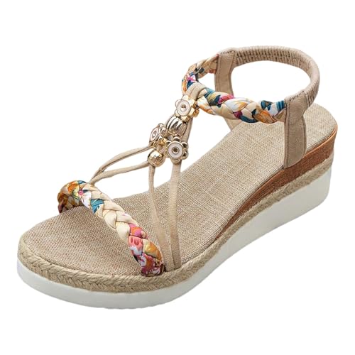 RUYUUEQ Damen Sommer Sandalen mit Strass Perlen Frauen Bohemian Sandals Freizeit Strand Sandalette Plattform Flip Flops von RUYUUEQ