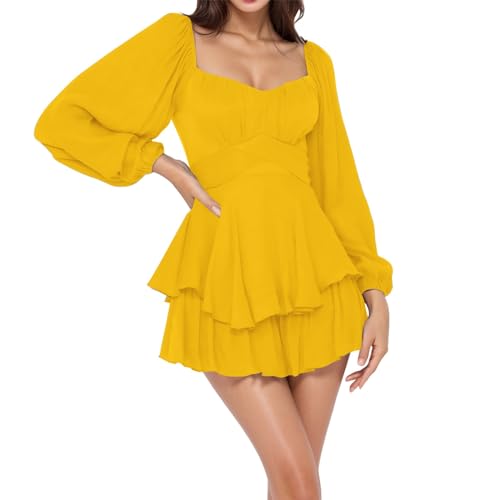RUYUUEQ Damen Sommer Tief ausgeschnittenes Minikleid Kleid Damen Langarm Elegant Hohe Taille Einfarbig Partykleid Freizeitkleid Dating-Kleid Rüschenkleid Y2k Bustier Kurzes Kleid (Gelb,L RUYUUEQ Damen Sommer Tief ausgeschnittenes Minikleid Kleid Damen Langarm Elegant Hohe Taille Einfarbig Partykleid Freizeitkleid Dating-Kleid Rüschenkleid Y2k Bustier Kurzes Kleid (Gelb,L von RUYUUEQ