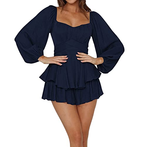 RUYUUEQ Damen Sommer Tief ausgeschnittenes Minikleid Kleid Damen Langarm Elegant Hohe Taille Einfarbig Partykleid Freizeitkleid Dating-Kleid Rüschenkleid Y2k Bustier Kurzes Kleid （Marine,XL von RUYUUEQ