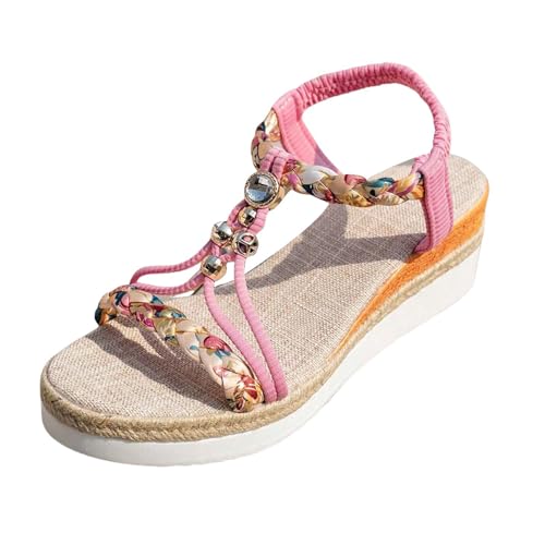 RUYUUEQ Plateau Sandalen Damen Sommer Strass Perlen Keilsandalen Bequem Boho Espadrilles Elegan Offene Sandalette von RUYUUEQ