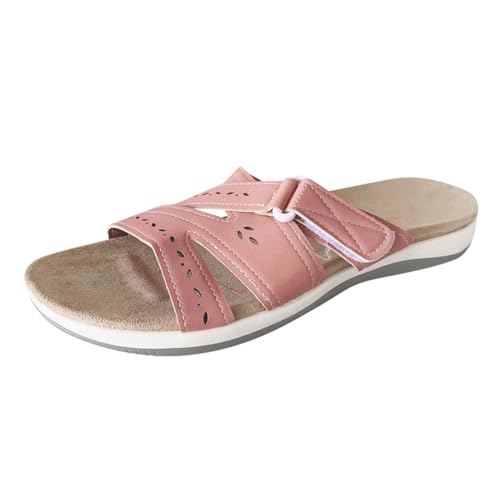 Sandalen Damen Sommer - PU-Leder Flip Flops Elegante Flache Sandalen Hausschuhe Pantoletten Orthopädische Hausschlappen Sommerlatschen Freizeit Strandschuhe Peep Toe Schlappen von RUYUUEQ