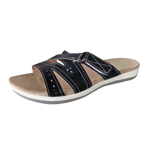 Sandalen Damen Sommer - PU-Leder Flip Flops Elegante Flache Sandalen Hausschuhe Pantoletten Orthopädische Hausschlappen Sommerlatschen Freizeit Strandschuhe Peep Toe Schlappen von RUYUUEQ