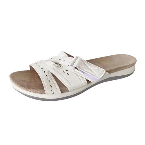 Sandalen Damen Sommer - PU-Leder Flip Flops Elegante Flache Sandalen Hausschuhe Pantoletten Orthopädische Hausschlappen Sommerlatschen Freizeit Strandschuhe Peep Toe Schlappen von RUYUUEQ