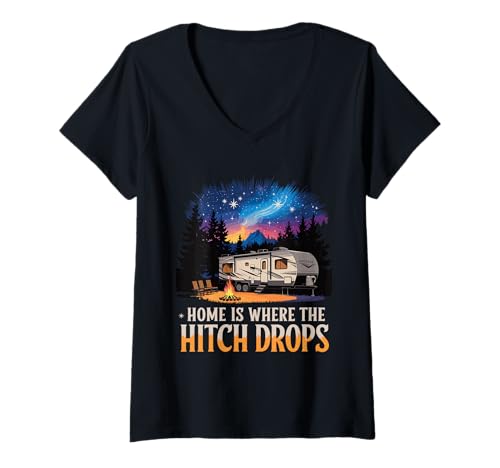 Damen Zuhause ist da, wo Hitch Drops RV Life T-Shirt mit V-Ausschnitt von RV Life Hitch Drops Starry Night Camping