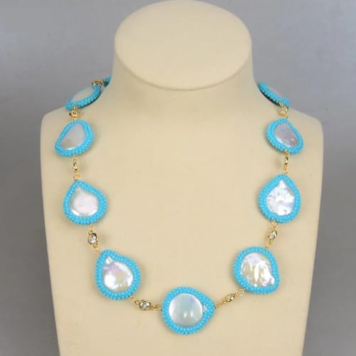 RVBLRDSE 19" White Coin Pearl Blue Crystal Pave Necklace For Women von RVBLRDSE