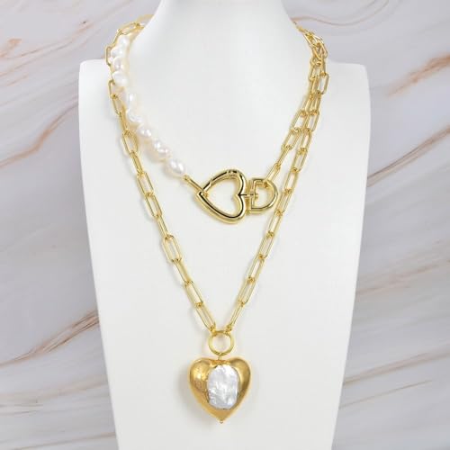 RVBLRDSE 2 Rows Cultured White Baroque Pearl Statement Chain Necklace Heart-Shaped Pearl Pendant Necklace For Women von RVBLRDSE