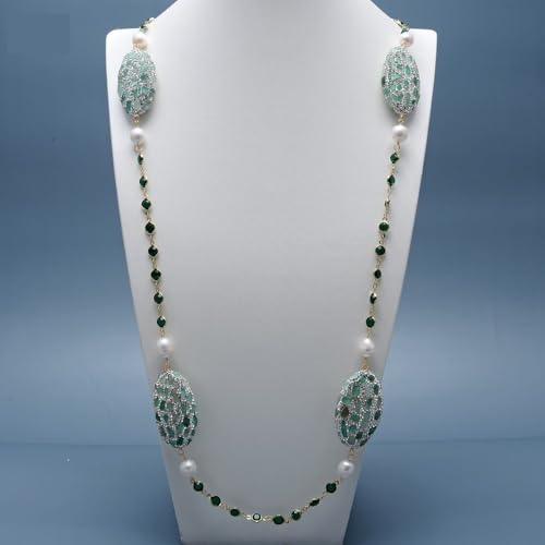 RVBLRDSE 44" Cultured White Rice Pearl Green Pave Crystal Chain Long Necklace For Women RVBLRDSE 44" Cultured White Rice Pearl Green Pave Crystal Chain Long Necklace For Women von RVBLRDSE