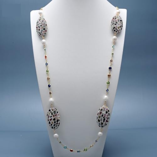 RVBLRDSE 44" Cultured White Rice Pearl Tourmaline Stone Paved Colorful Crystal Chain Long Necklace For Women von RVBLRDSE