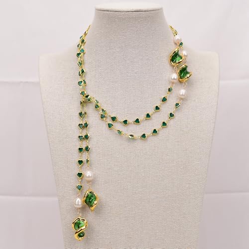 RVBLRDSE 49'' Cultured White Rice Pearl Green Glass Heart Crystal Sweater chain Long Necklace Women Jewelry RVBLRDSE 49'' Cultured White Rice Pearl Green Glass Heart Crystal Sweater chain Long Necklace Women Jewelry von RVBLRDSE