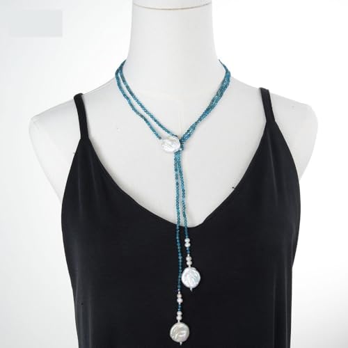 RVBLRDSE 53" Faceted Round Blue White Coin Pearl Long Necklace For Women von RVBLRDSE