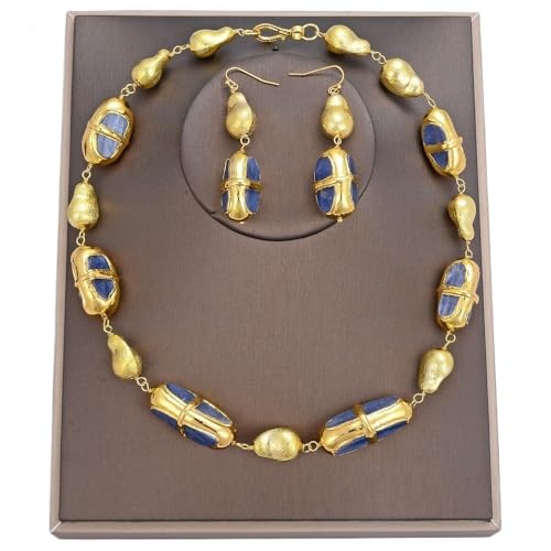 RVBLRDSE Blue Electroplated Edge Gold Plated Brushed Bead Wrap Necklace Earrings Sets For Women RVBLRDSE Blue Electroplated Edge Gold Plated Brushed Bead Wrap Necklace Earrings Sets For Women von RVBLRDSE