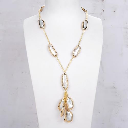 RVBLRDSE Freshwater Cultured White Biwa Pearl Gold Edge Plated Pearl Chain Necklace 19" For Women von RVBLRDSE