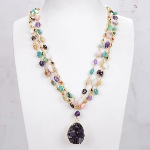 RVBLRDSE Multi Semiprecious Quartz Rosary Chain Necklace Amethyst Pendant 23" For Women Punk Jewelry von RVBLRDSE