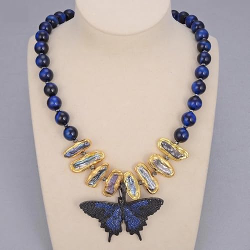 RVBLRDSE Round Blue Tiger Eye Gold Edge Black Biwa Pearl Necklace Butterfly Pendant 20" for women For Women von RVBLRDSE
