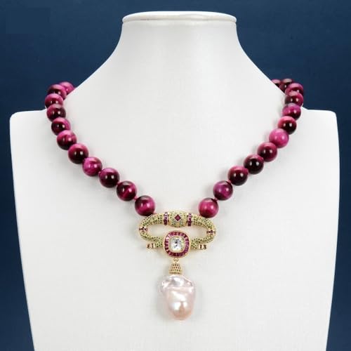 RVBLRDSE Smooth Round Fuchsia Tiger Eye Necklace Cubic Zirconia Pave Keshi Pearl Pendant For Women von RVBLRDSE