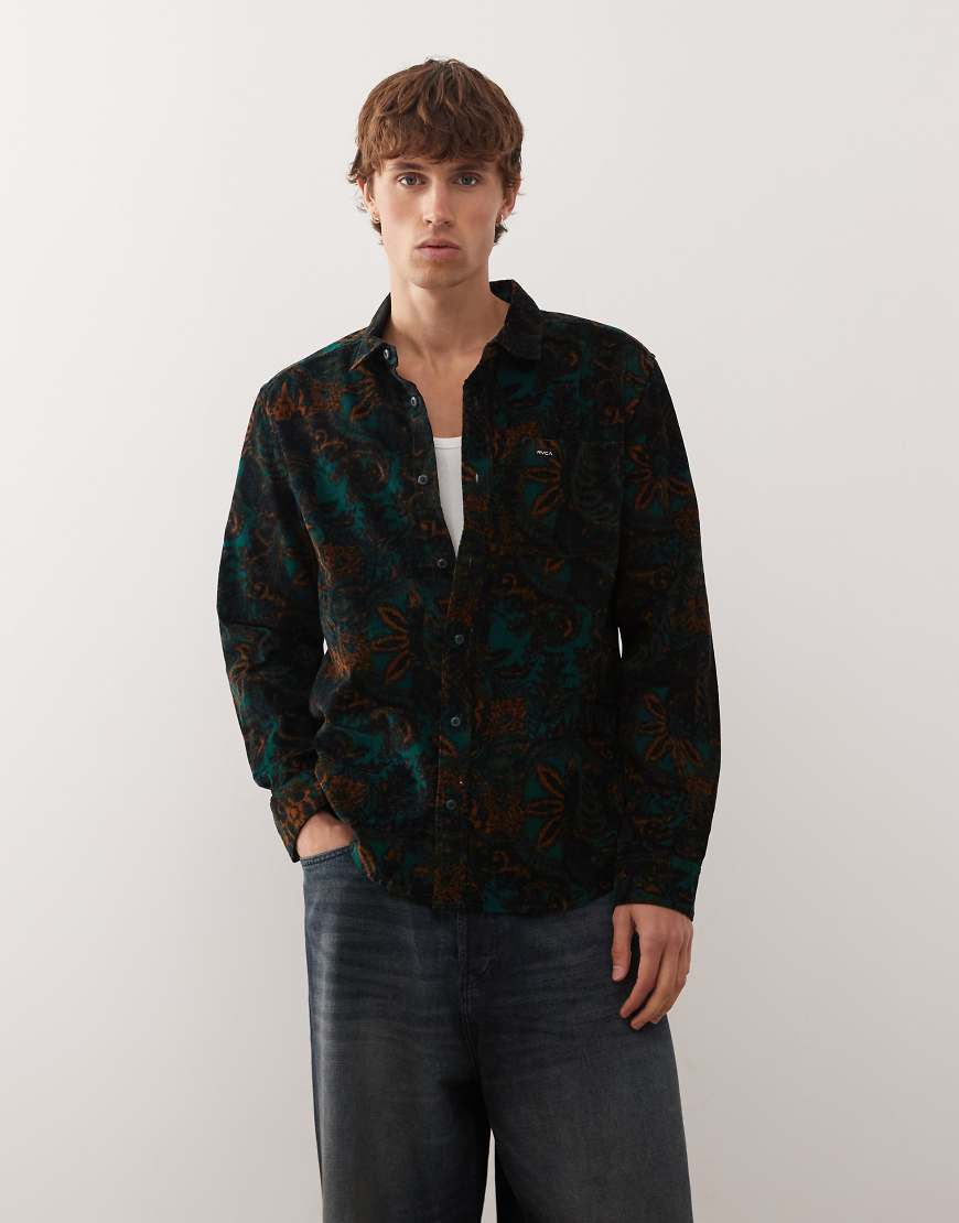 RVCA - Freeman - Langärmliges Hemd aus Cord in Lodengrün mit Paisleymuster von RVCA