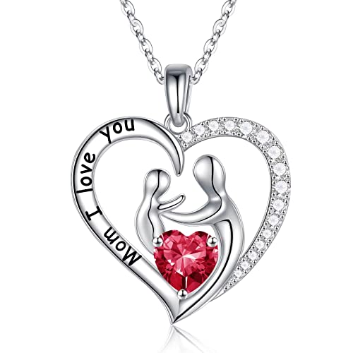 Mom Birthstone Necklaces Gifts, Sterling Heart Pendant Birthstone Necklace Jewelry for Mom, Sterling, Created Ruby von RVHAOODI