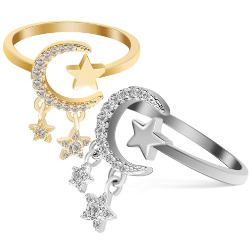 RVHAOODI 2PCS Star Moon Offene Ringe für Frauen glänzende Zirkon dekorative Statement Fingerringe Leicht und kratzfest für stapelbare Stile und tägliche Verschleiß von RVHAOODI