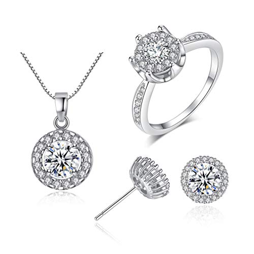 RVHAOODI Circle Jewellery Set Silver Women's Earrings Necklace Rings Zirconia Glitter Jewellery Set Fashion Idea Band Ring Necklace Stud Earrings Wedding Party Jewellery Sets for Women # 9 von RVHAOODI