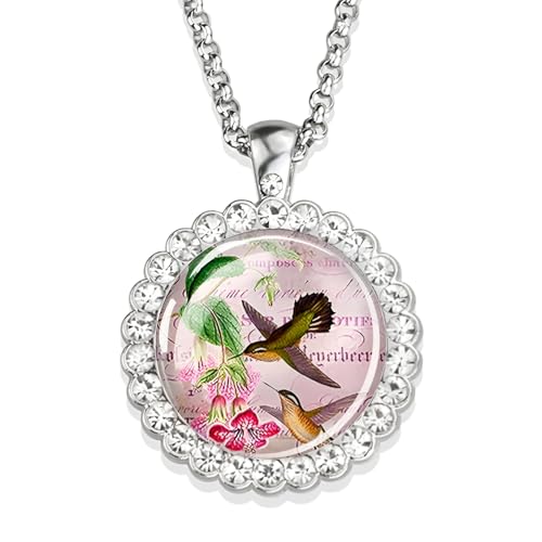 RVHAOODI Hummingbird Halskette für Frauen und Männer, Hummingbird Halskette Kardinalvogelkunst Bild Glas Strass Anhänger Kette süßer Vogelschmuck, niedlicher Tierschmuck Urlaub von RVHAOODI