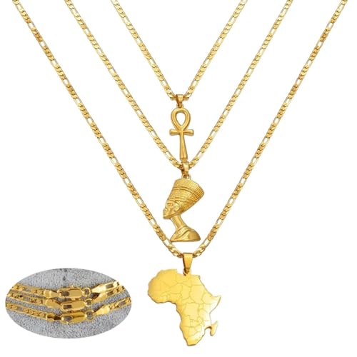 RVHAOODI Neue 3 -Pieces Nefertiti & Africa Map Anhänger Halsketten Farbe Hochzeits Geburtstagsfeier Ethnische Frauen Männer Dekoration Schmuck Gedenk mit Ihrem Accessoires Trendy Best für Geschenk von RVHAOODI