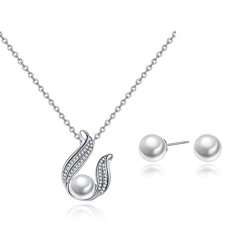 RVHAOODI Pearl Jewellery Set Women's Earrings Necklace Silver Cubic Zirconia Jewellery Set Glitter Stud Earrings Necklace Jewellery Sets for Women and Girls von RVHAOODI