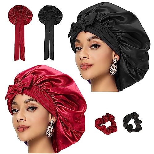 RVLZKCPG 2 Stück Bonnet, Schlafmütze Seide, Satin Haarhaube, Schlafhaube Seide, Lockenhaube Seidenhaube zum Schlafen, Haarschutz für Die Nacht, Silk Bonnet Sleep Cap mit Elastischem Band für Damen von RVLZKCPG