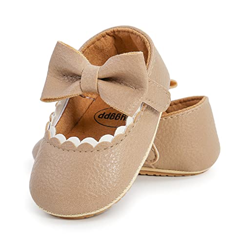 RVROVIC Baby Mädchen Mokassins Prinzessin Mary Jane Flache Kleider Schuhe Premium Leichte Weiche Sohle Krippe Schuhe Kleinkind Schuhe(0-6 Monate,Bogenknoten Beige) von RVROVIC