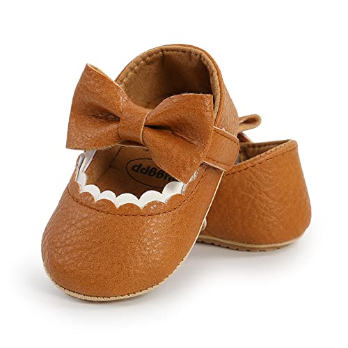 RVROVIC Baby Mädchen Mokassins Prinzessin Mary Jane Flache Kleider Schuhe Premium Leichte Weiche Sohle Krippe Schuhe Kleinkind Schuhe(0-6 Monate,Bogenknoten Braun) von RVROVIC