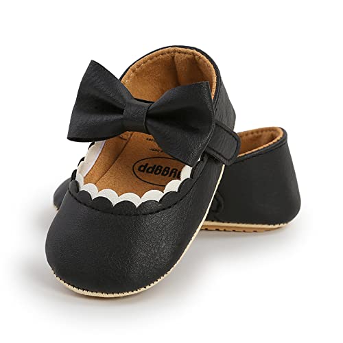 RVROVIC Baby Mädchen Mokassins Prinzessin Mary Jane Flache Kleider Schuhe Premium Leichte Weiche Sohle Krippe Schuhe Kleinkind Schuhe(12-18 Monate,Bogenknoten Schwarz) von RVROVIC