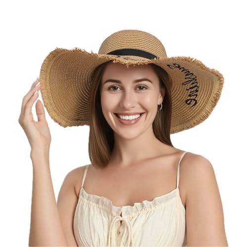 RVROVIC Frauen Floppy Stroh Sonnenhut Faltbarer Sommer Strandhut Packbar Roll Up Wide Brim Häkeln Eimer Hut, Khaki von RVROVIC