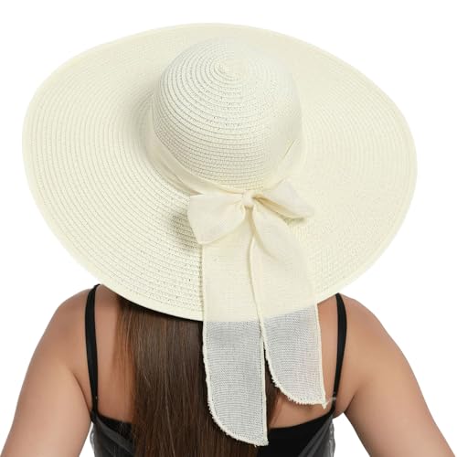 RVROVIC Women's Floppy Straw Sun Hat Foldable Summer Beach Hat Packable Roll Up Wide Brim Crochet Bucket Hat,Cream von RVROVIC