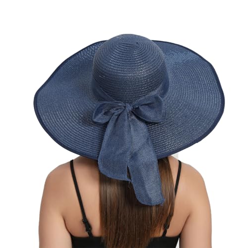 RVROVIC Women's Floppy Straw Sun Hat Foldable Summer Beach Hat Packable Roll Up Wide Brim Crochet Bucket Hat,Dark Blue von RVROVIC