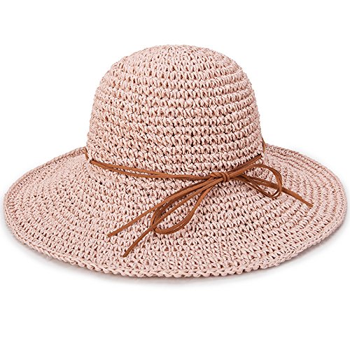 RVROVIC Women's Floppy Straw Sun Hat Foldable Summer Beach Hat Packable Roll Up Wide Brim Crochet Bucket Hat,Pink von RVROVIC