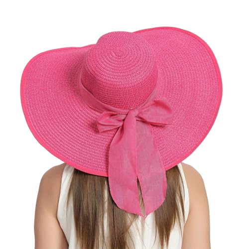 RVROVIC Women's Floppy Straw Sun Hat Foldable Summer Beach Hat Packable Roll Up Wide Brim Crochet Bucket Hat,Rose von RVROVIC
