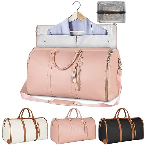 RVUEM 2-In-1 Kleider Reisetasche, wasserdichte KleidersäCke, Umwandelbarer Kleidersack Mit Schuhfach, Reisetasche Aus PU Leder, Geschenke FüR Frauen Und MäNner,Rosa,52 * 25.4 * 31.75cm von RVUEM