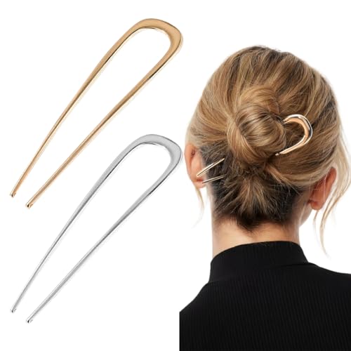 2-teiliges Set aus goldenen und silbernen französischen Metallspangen, U-förmigen Haarspangen, Haargabeln, Styling-Haarschmuck für Frauen und Mädchen aller Haartypen! von RVYEIOP